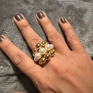 Stainless Steel Chunky Gold Plated Ball Faux Pearls Ring Women